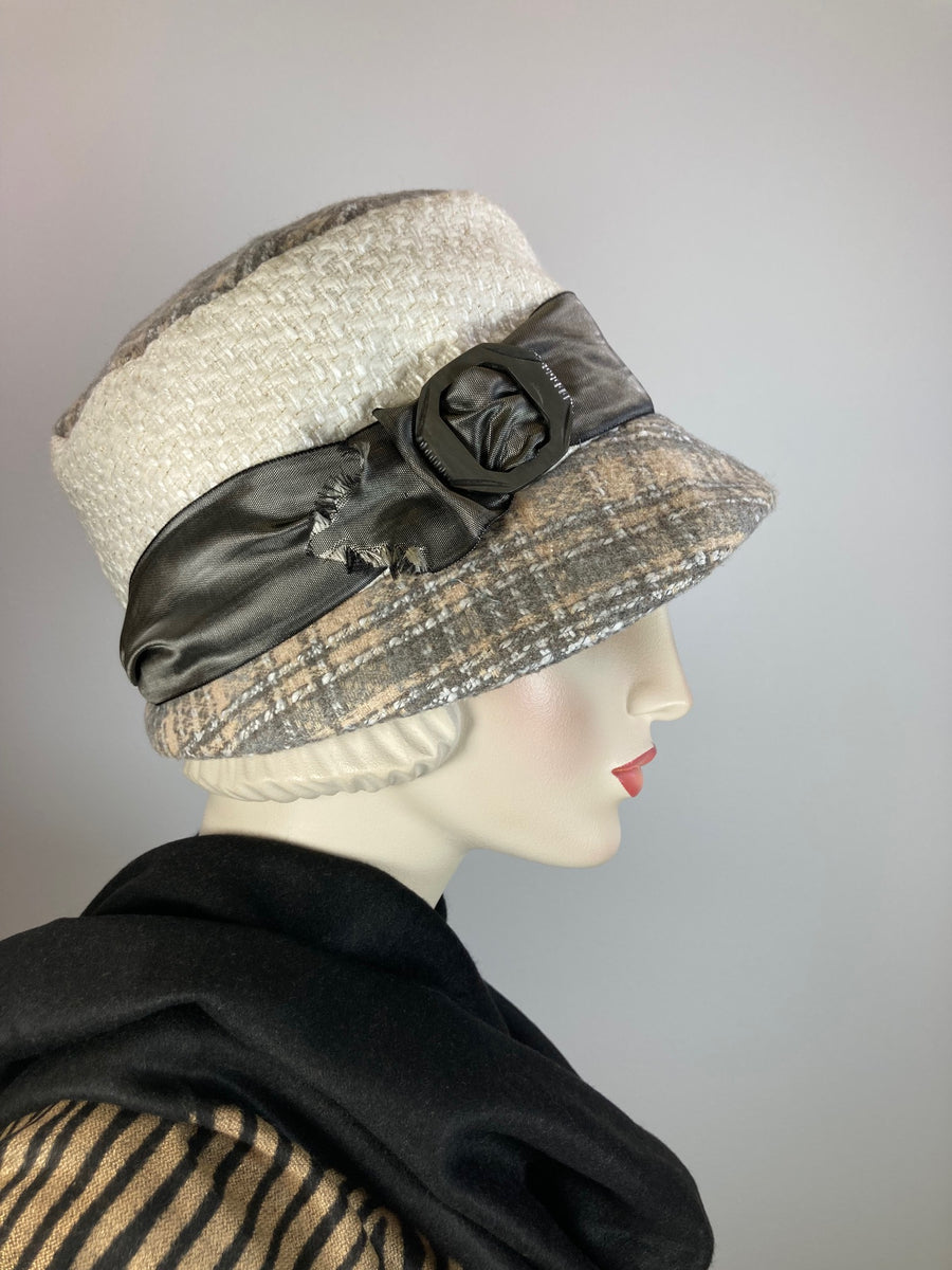 Gray beige ivory cloche hat. Flapper womens bucket hat. Small brim G What a Great Hat