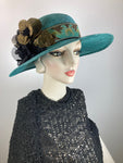 One of a kind hat. Downton Abbey style 1920s straw med brim hat. Womens Summer Hat Teal Blue Turquoise. Carriage Driving Hat. Vintage vibe.