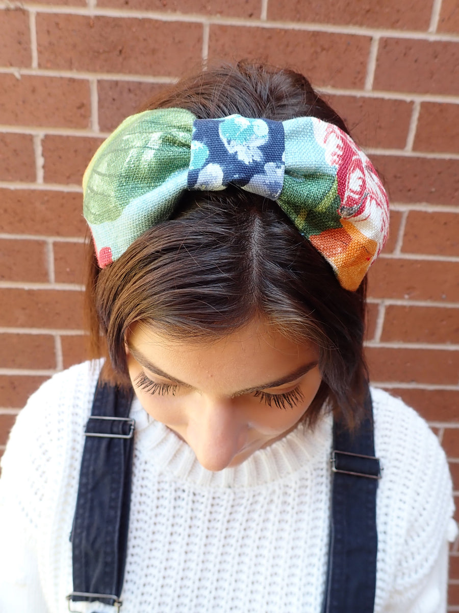 Ladies Red and Green Chic Linen Turban Headband. Repurposed Fabric Headband  Hat Accessory.