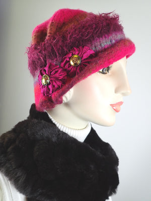 Womens pink and purple Boiled wool knit felt hat. Funky warm winter cloche hat. Gatsby flapper hat.