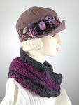 Gray and burgundy purple hand crocheted scarf ribbed with scalloped edge