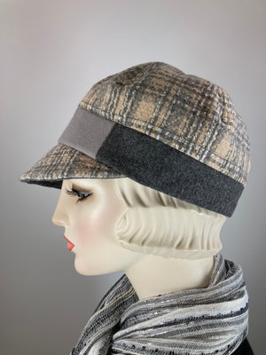 Women's winter hat baseball style. Newsboy hat beige and gray. Casual hat ladies. Warm comfy hat. Stylish fabric hat. Ladies soft hat.