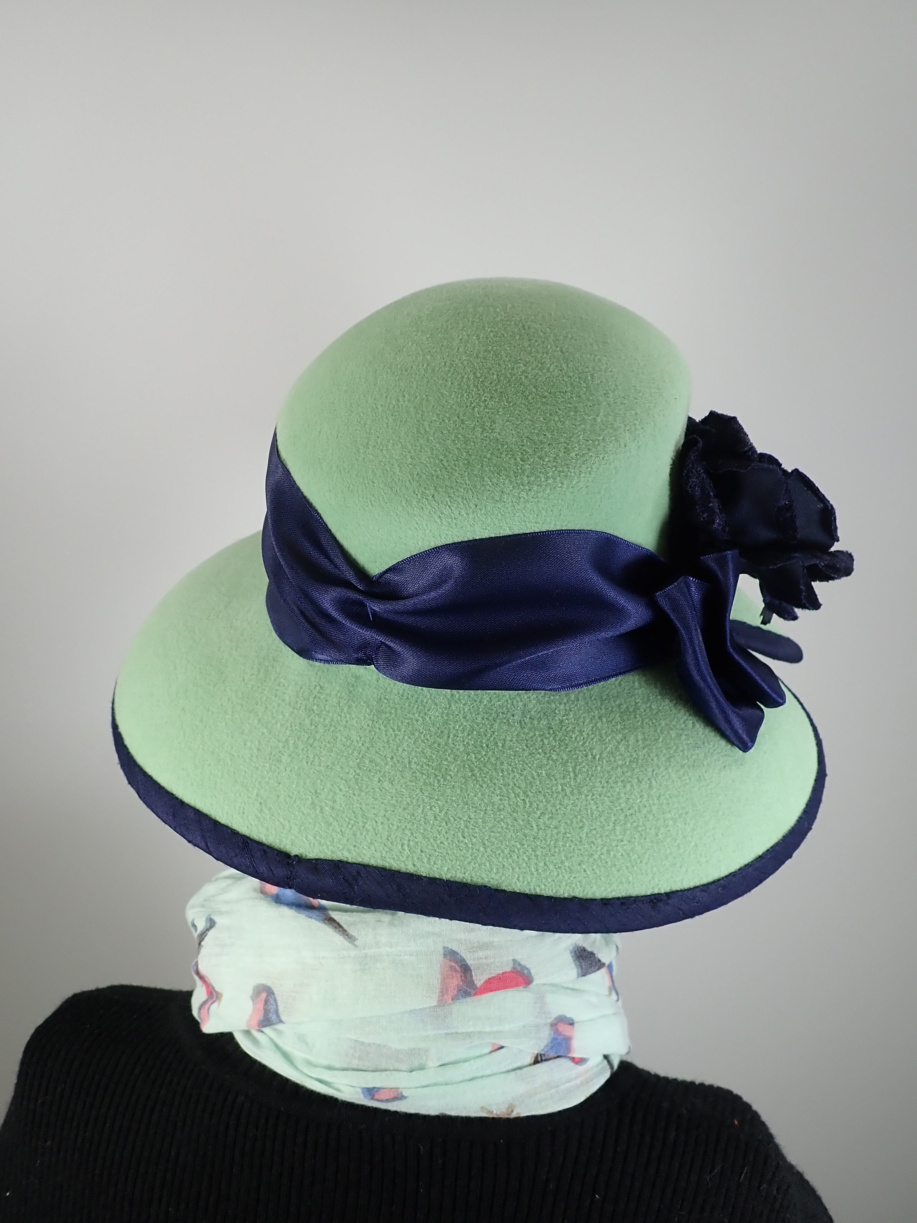 Mint green hat Downton. Navy and green womens hat. Wool felt Down brim hat. Women's dressy brim hat. Special occasion hat.