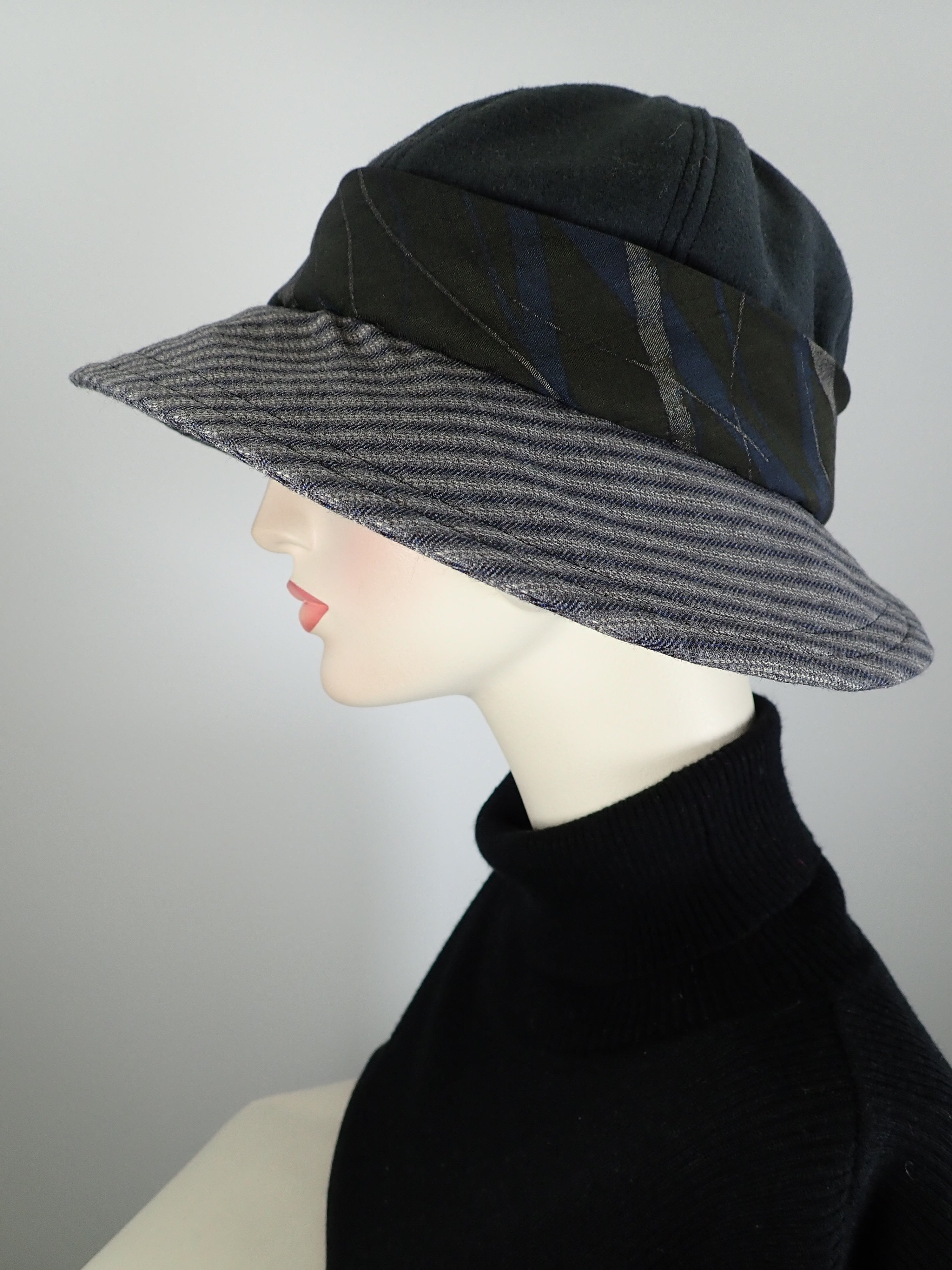 Slow Fashion Hat. Downton Abbey hat. Medium brim Ladies statement hat. Womens soft dressy hat. Gray, black and blue womens hat.