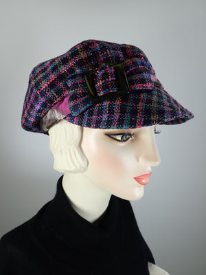 Womens Navy pink plaid Hat. Soft Newsboy Hat. Slouchy Newsboy Cap. Ladies Winter Hat. Sustainable fashion hat. Striking Eco friendly hat.