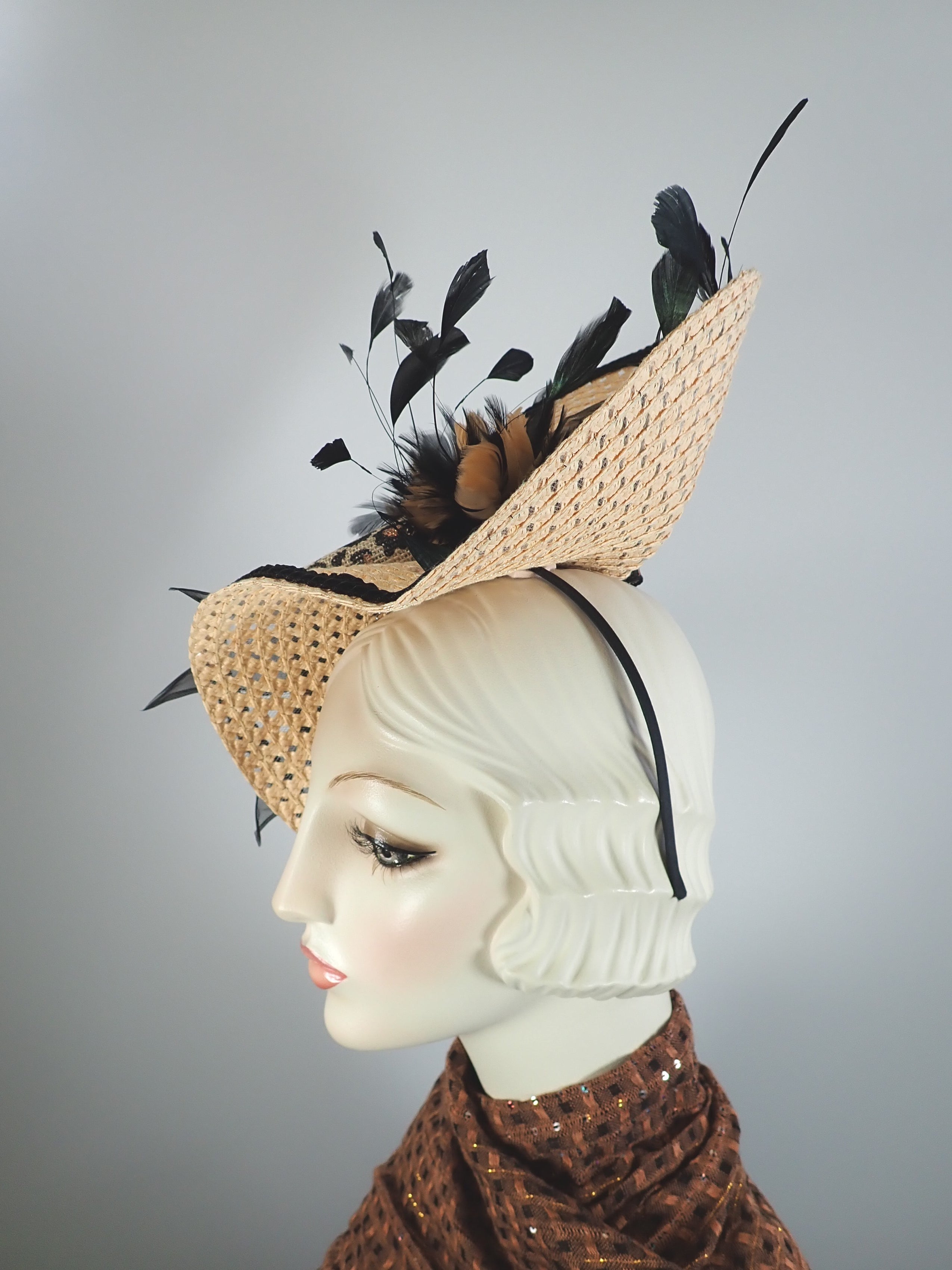 Kentucky Derby Fascinator Straw Hat in Black and Peach. Statement platter fascinator. Derby Hat Women. Animal print Women's Summer Hat.