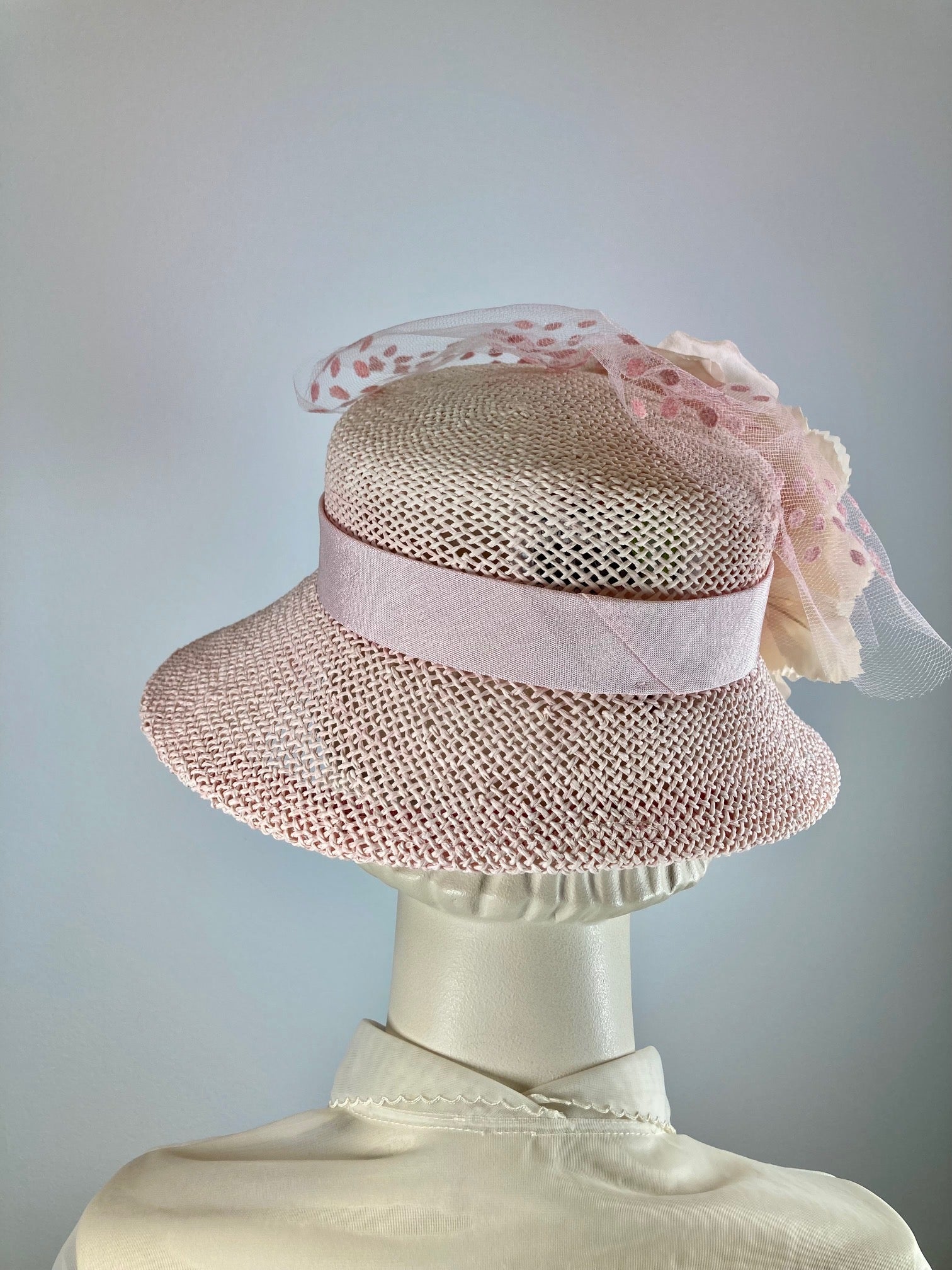 Womens Derby Hat, Pink ladies hat, Pale Pink Open Weave Straw, Summer Medium Brim Hat, Ladies Tea Hat, Church Hat