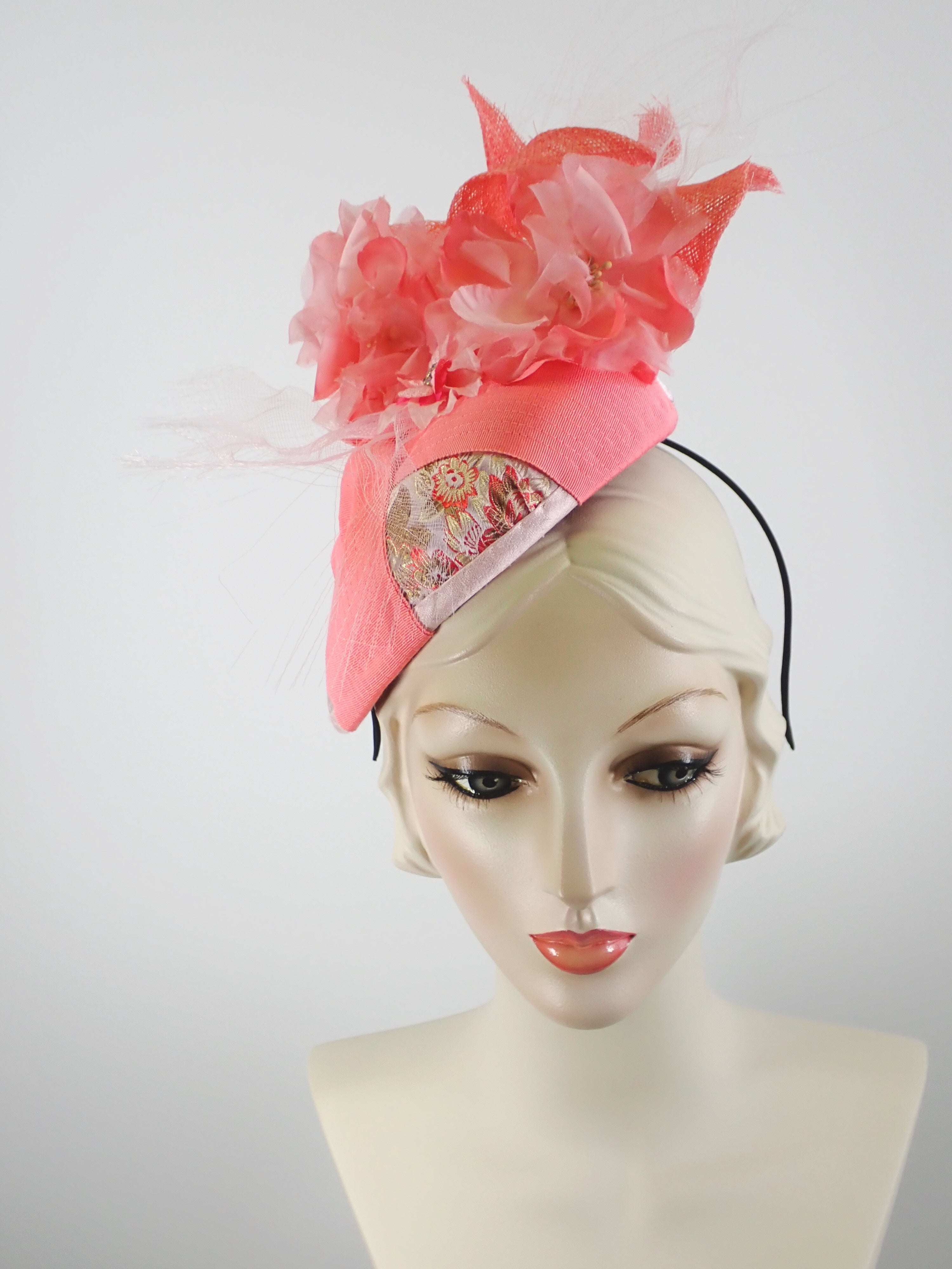 Women's Coral, and Pale Pink Ribbon and Sinamay Fascinator Hat for Kentucky Derby - Summer Fascinator for Church