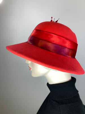 One of a kind hat. Downton Abbey style. 1920s wool hat, felt brim hat, Womens Brim Hat red. Ladies Warm Winter Hat. Womens Winter Hats