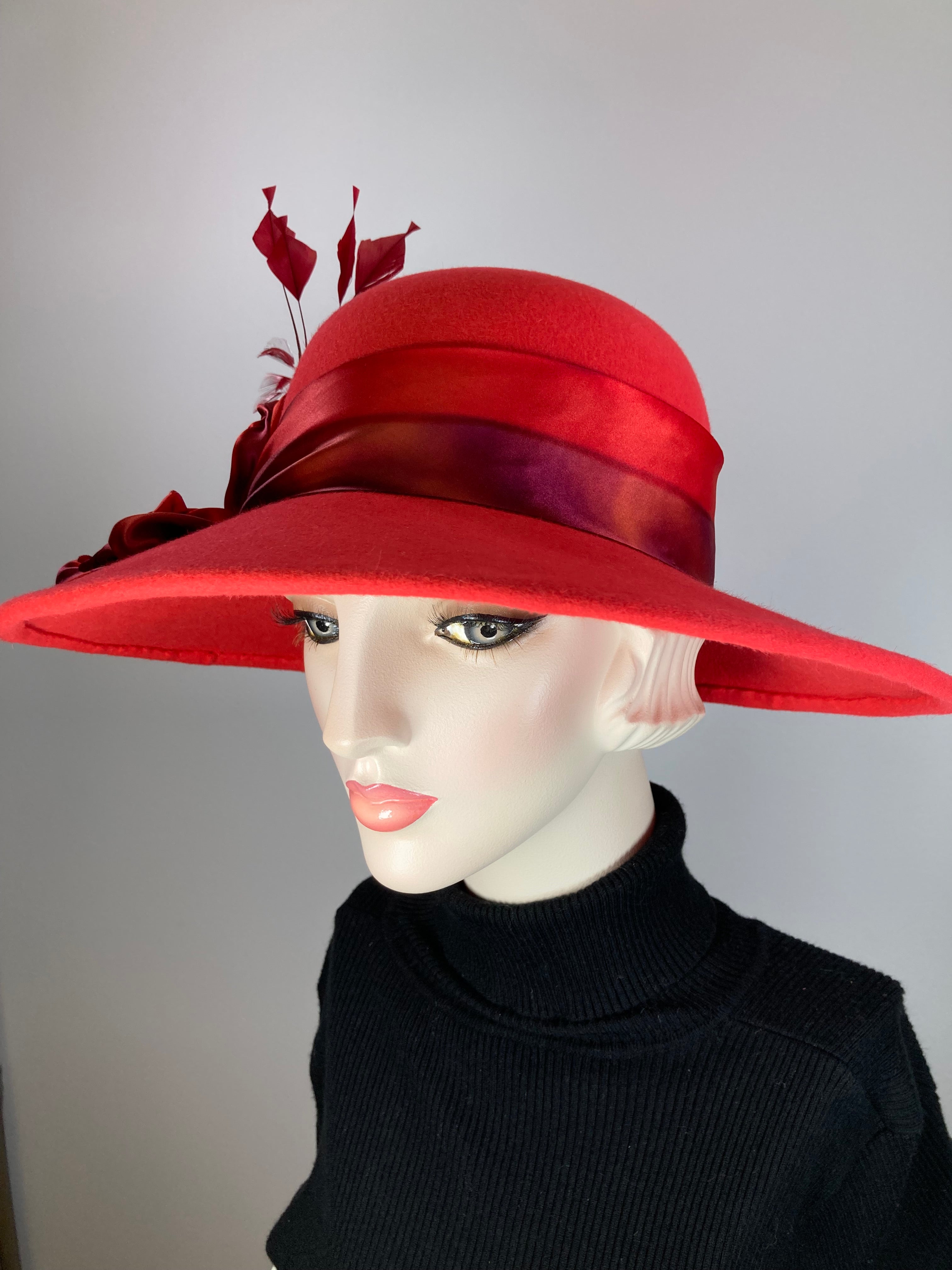 One of a kind hat. Downton Abbey style. 1920s wool hat, felt brim hat, Womens Brim Hat red. Ladies Warm Winter Hat. Womens Winter Hats