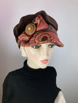 Womens Brown and Red Velvet Hat. Soft Newsboy Hat. Slouchy Newsboy Cap. Ladies Winter Hat. Sustainable fashion hat. Eco friendly hat.