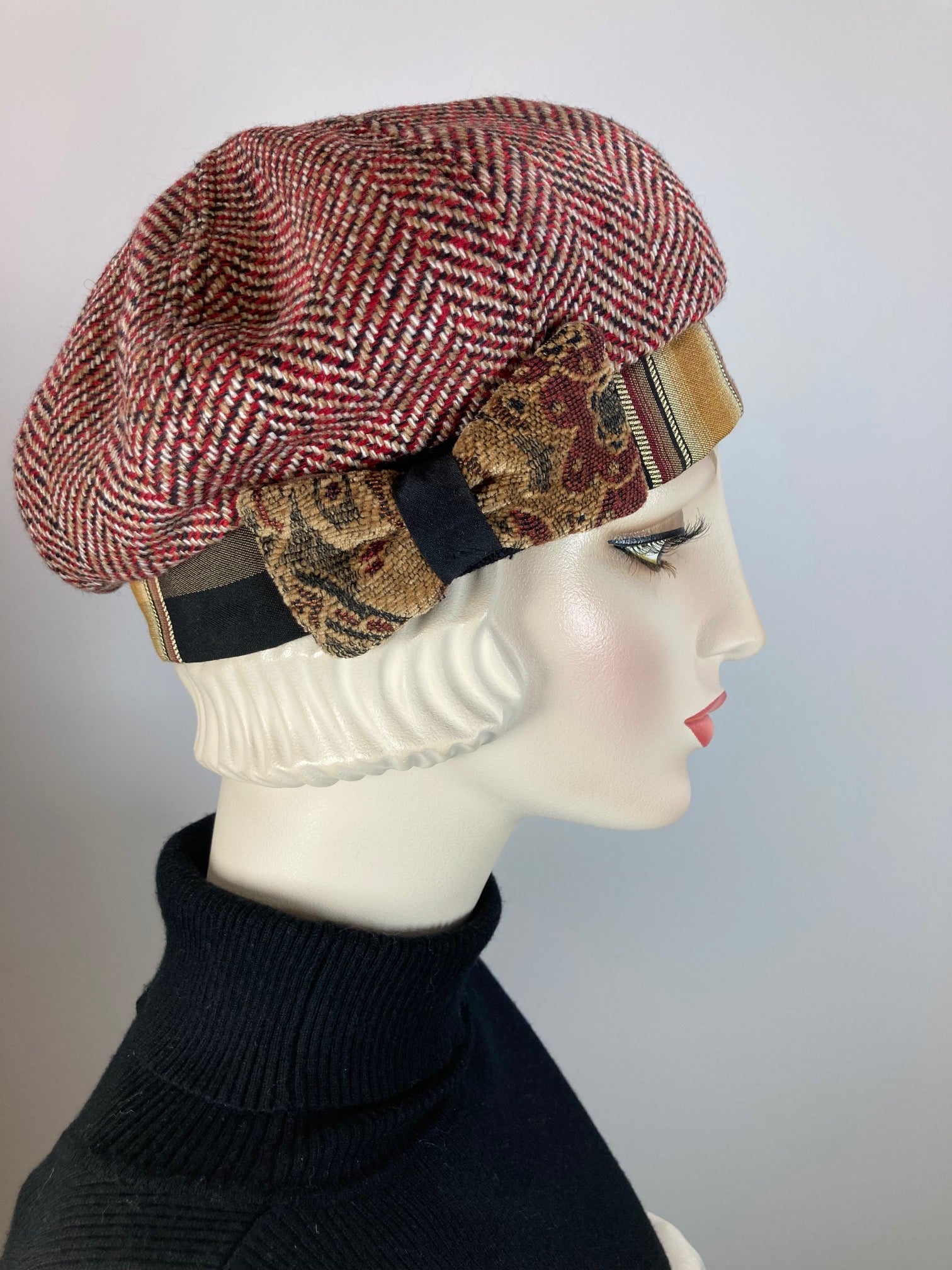 Womens Red herringbone winter beret. Cozy Red black tan tam hat ladies. Chic casual beret hat. Gatsby womens hat. Shabby chic soft beret hat