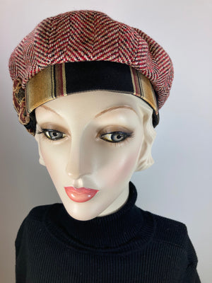 Womens Red herringbone winter beret. Cozy Red black tan tam hat ladies. Chic casual beret hat. Gatsby womens hat. Shabby chic soft beret hat