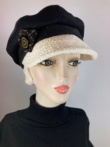 Womens Newsboy black ivory hat. Ladies Newsboy Hat. Winter Visor Cap. Soft Travel Fabric Hat. Sustainable fashion hat. Classy paperboy hat