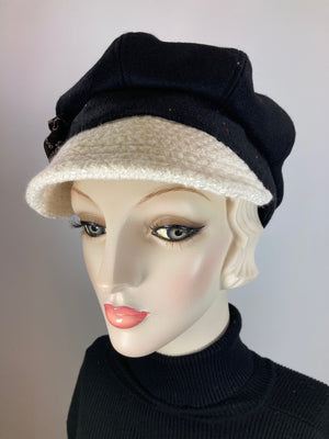 Womens Newsboy black ivory hat. Ladies Newsboy Hat. Winter Visor Cap. Soft Travel Fabric Hat. Sustainable fashion hat. Classy paperboy hat