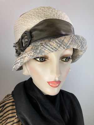 Gray, beige, ivory cloche hat. Flapper womens bucket hat. Small brim Great Gatsby hat winter. Downton Abbey mixed fabric Hat.