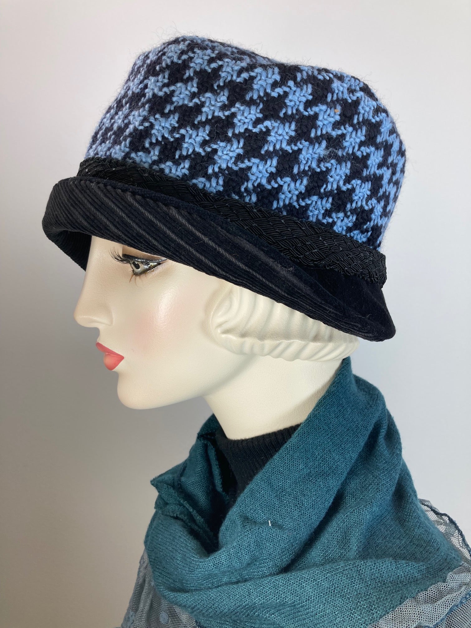 Shabby chic Downton Abbey hat. Black Blue Cloche Hat. Stylish Winter bucket fabric hat. Womens Chic Great Gatsby Travel Hat