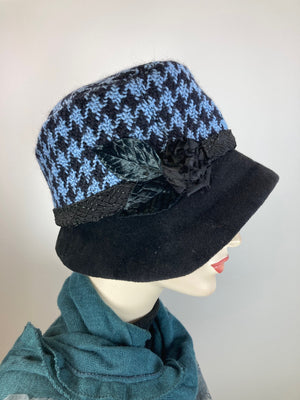 Shabby chic Downton Abbey hat. Black Blue Cloche Hat. Stylish Winter bucket fabric hat. Womens Chic Great Gatsby Travel Hat