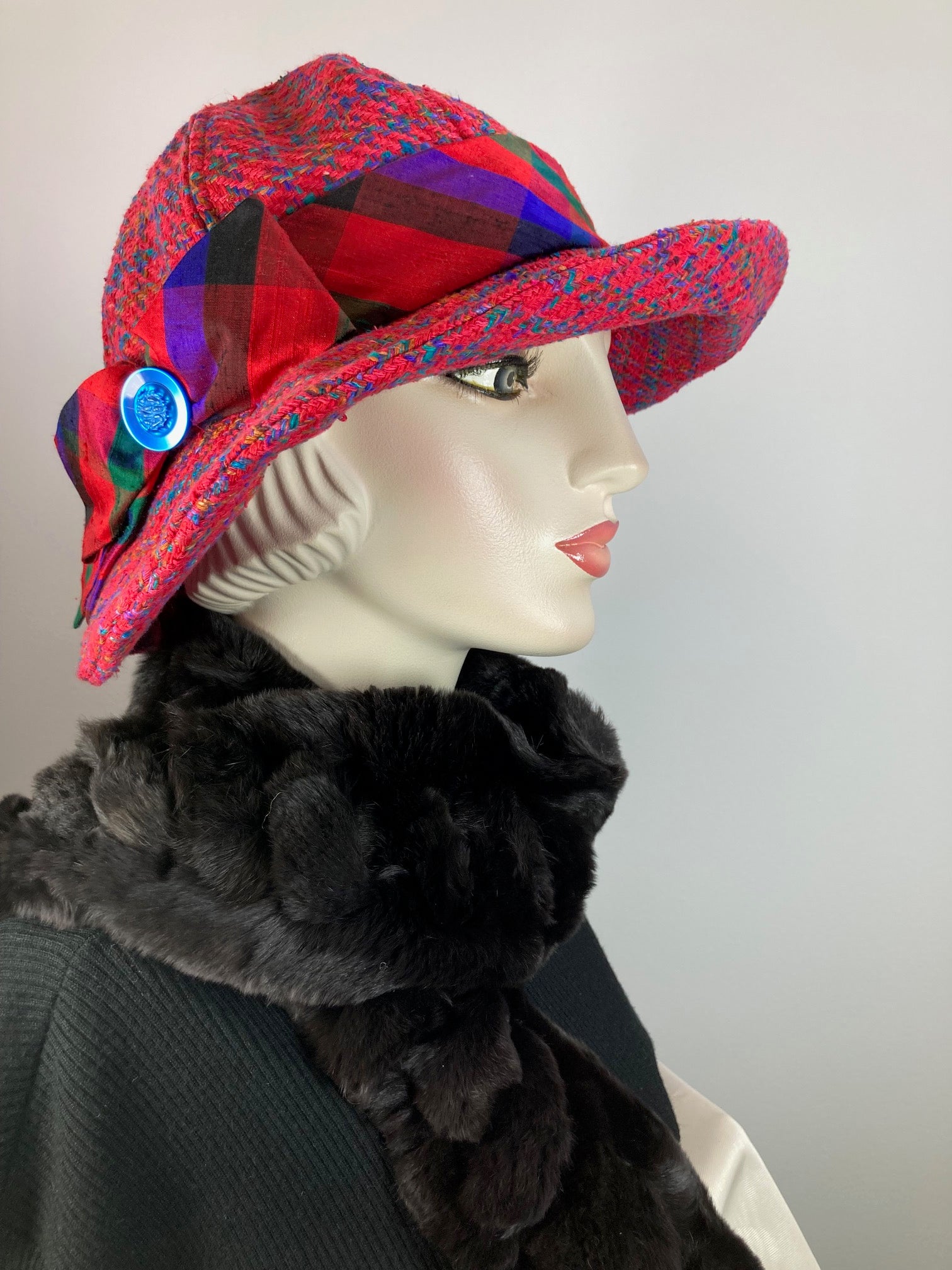 Colorful Red Cloche. Slow Fashion Hat. Womens Downton Abbey hat. Woven Silk Medium brim hat. Ladies Miss Fisher cloche. Classic red brim hat