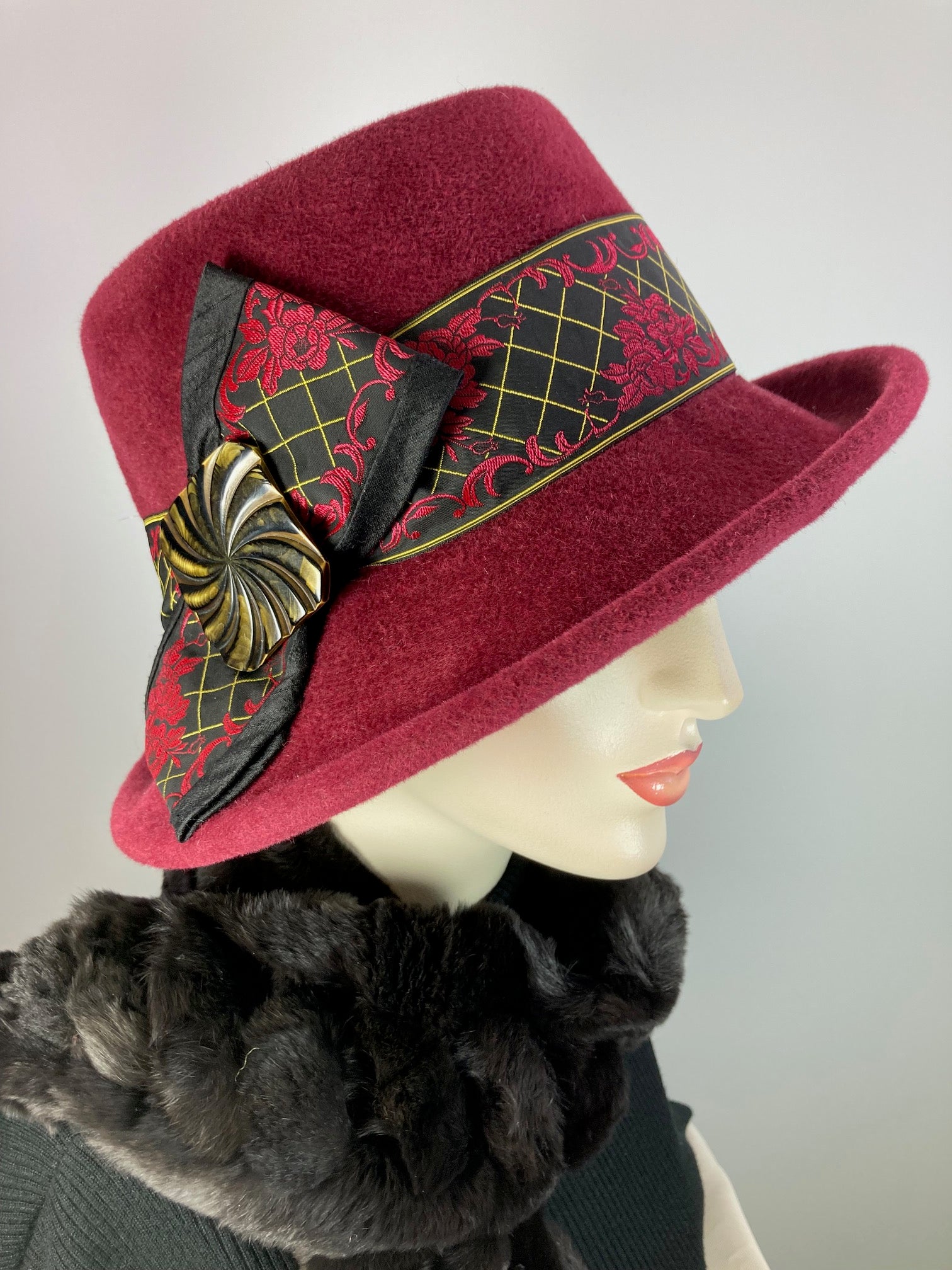 Women's Menswear Warm Wool Felt Pork Pie Fedora Hat in Burgundy Wine for Winter, Ladies Winter Fedora Hat