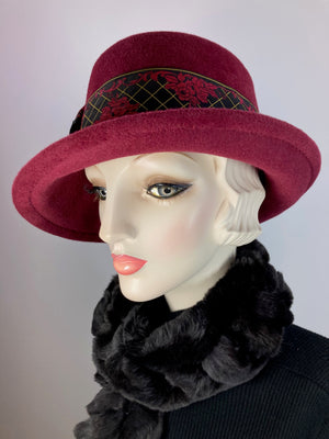 Women's Menswear Warm Wool Felt Pork Pie Fedora Hat in Burgundy Wine for Winter, Ladies Winter Fedora Hat