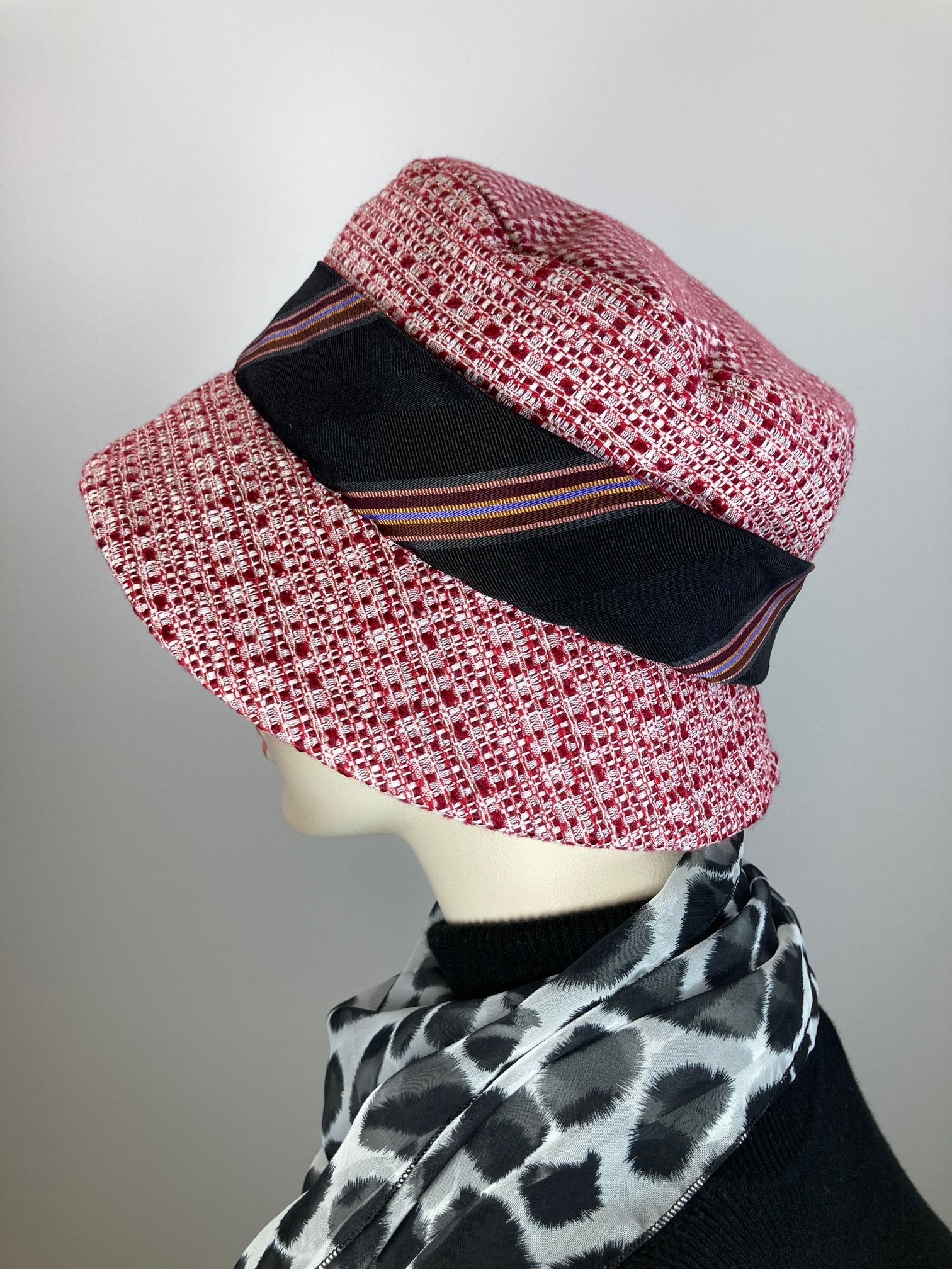 Slow Fashion Hat. Red and White Downton Abbey hat. Small brim hat. Womens Miss Fisher cloche.  Classic bucket hat.