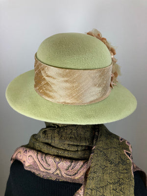 One of a kind hat. Downton Abbey style. 1920s wool hat, felt brim hat, Womens Brim Hat pistachio Green. Ladies Warm Winter Hat. Winter Hats