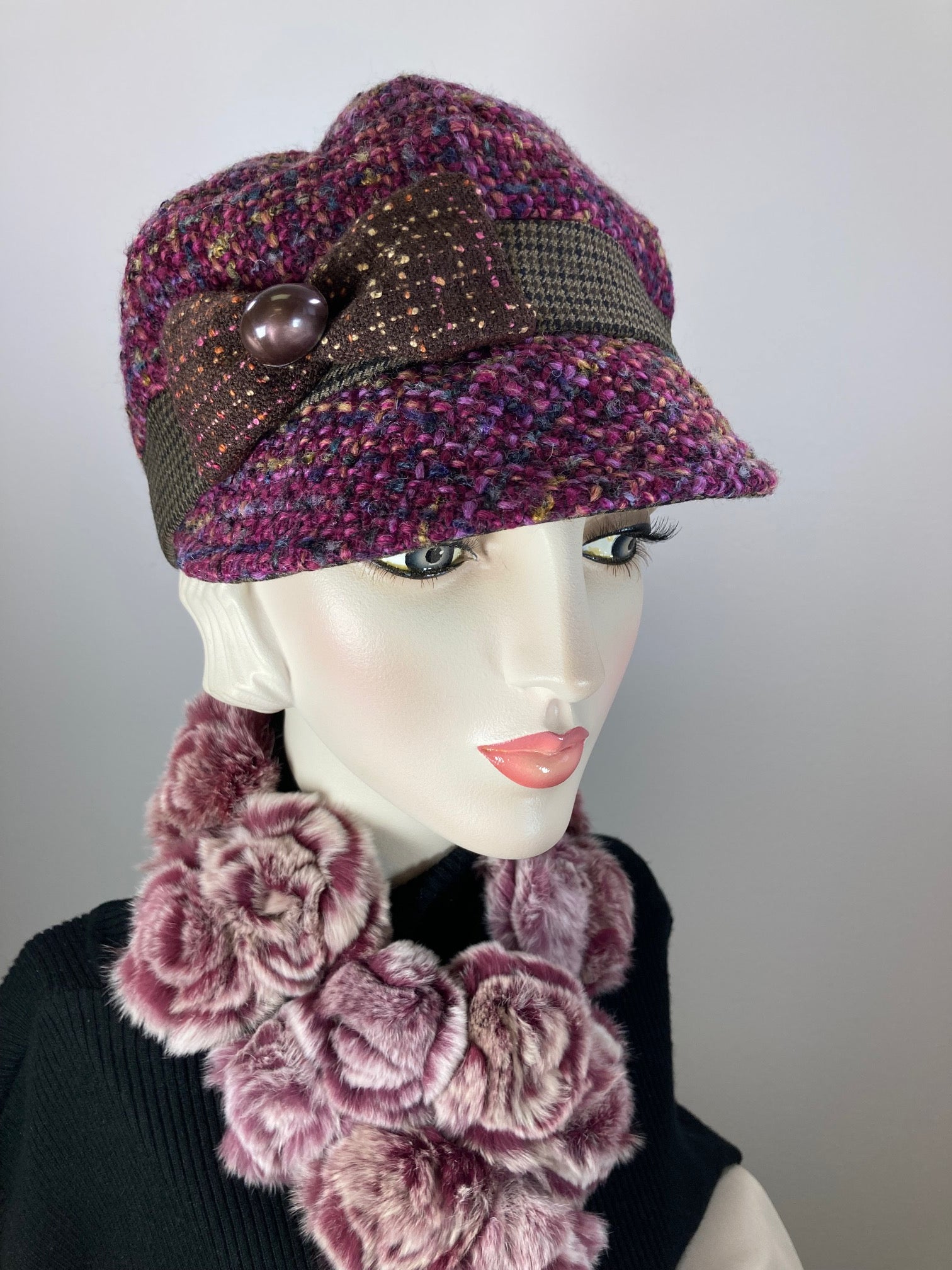 Women's winter hat baseball style. Newsboy hat Berry Pink, purple, brown. Casual comfy warm hat ladies. Fabric travel hat. Ladies soft hat.