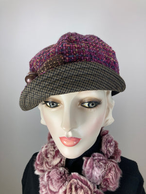 Women's winter hat baseball style. Newsboy hat Berry Pink, purple, brown. Casual comfy warm hat ladies. Fabric travel hat. Ladies soft hat.