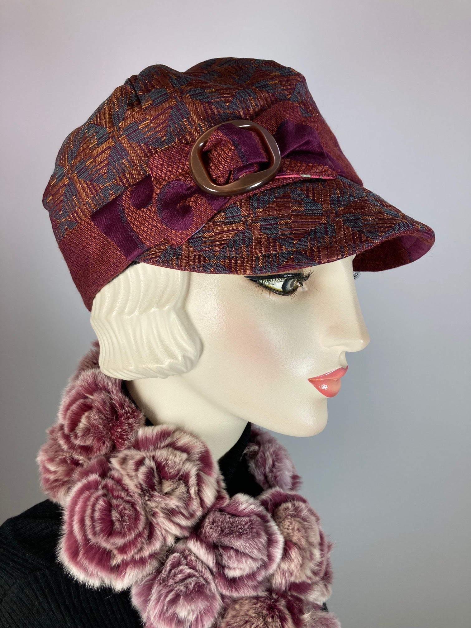 Women's Newsboy hat. Ladies baseball cap. Burgundy and teal fabric hat. Ladies unique newsboy baseball visor hat for winter.