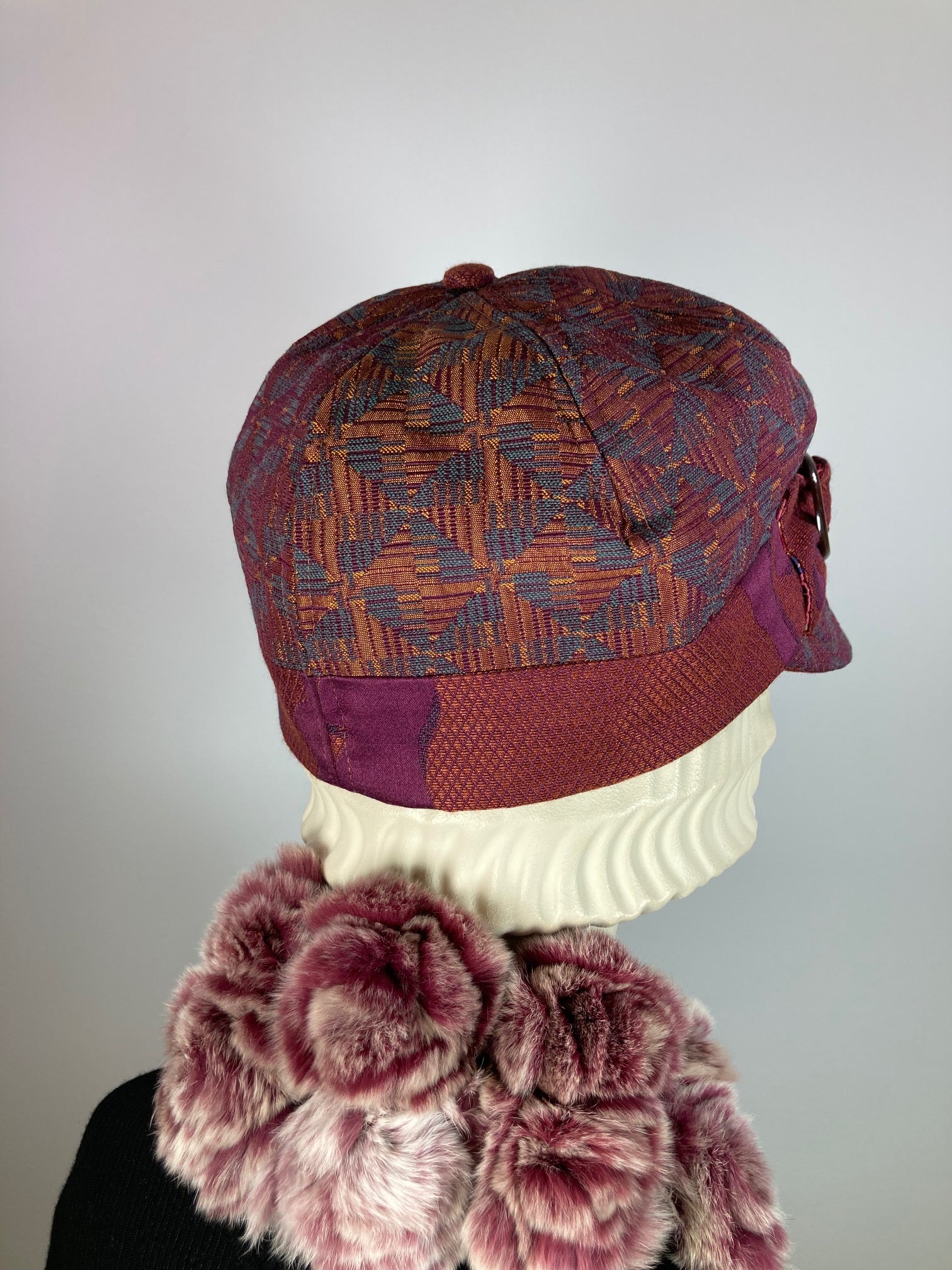 Women's Newsboy hat. Ladies baseball cap. Burgundy and teal fabric hat. Ladies unique newsboy baseball visor hat for winter.
