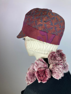 Women's Newsboy hat. Ladies baseball cap. Burgundy and teal fabric hat. Ladies newsboy baseball hat. Unique winter ladies visor hat.