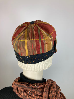 Women's Newsboy hat. Ladies baseball cap. Rust, gold and black recycled fabric hat. Ladies unique vislor newsboy baseball hat.