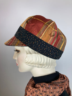 Women's Newsboy hat. Ladies baseball cap. Rust, gold and black recycled fabric hat. Ladies unique vislor newsboy baseball hat.