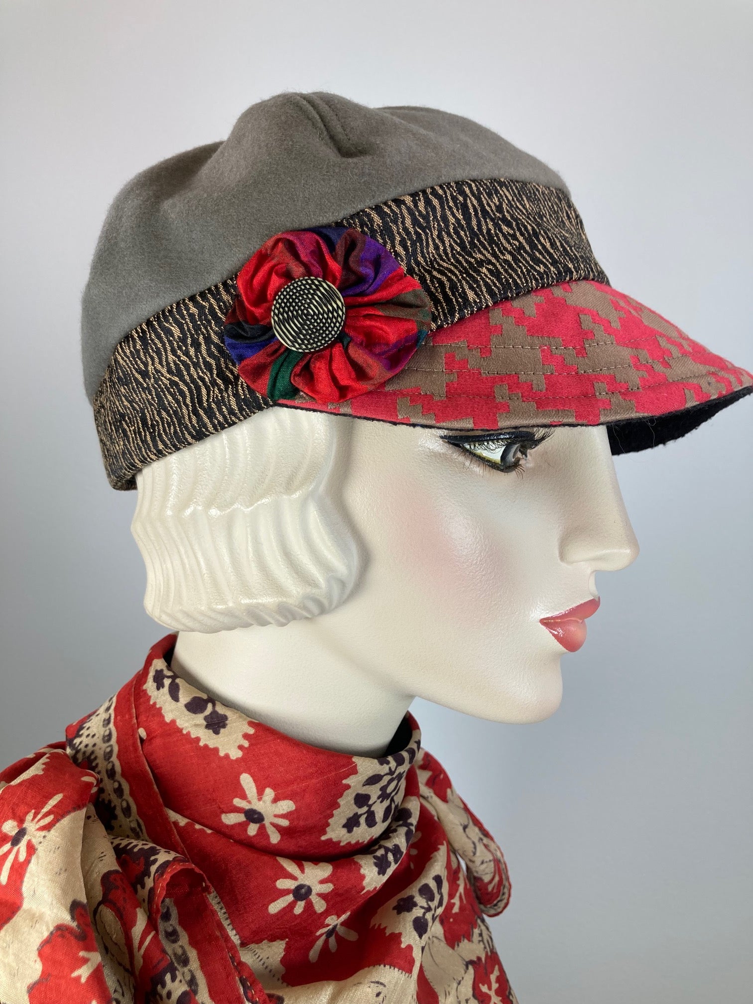 Women's Hat Putty Gray. Ladies colorful winter hat baseball style. Newsboy hat Gray Red. Warm fabric casual travel hat.