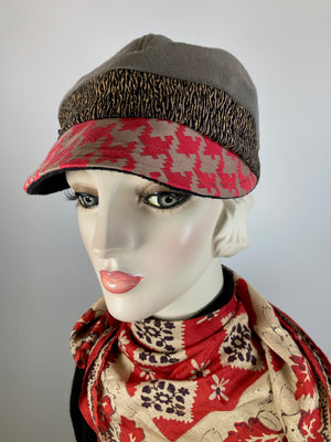 Women's Hat Putty Gray. Ladies colorful winter hat baseball style. Newsboy hat Gray Red. Warm fabric casual travel hat.