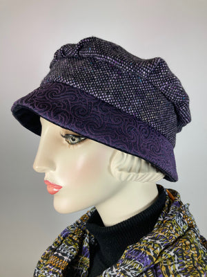 Downton Abbey Hat. Shabby chic Purple black Cloche Hat. Stylish fabric Winter bucket hat. Womens Travel Hat. Great Gatsby Hat.