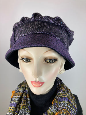 Downton Abbey Hat. Shabby chic Purple black Cloche Hat. Stylish fabric Winter bucket hat. Womens Travel Hat. Great Gatsby Hat.