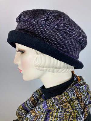 Downton Abbey Hat. Shabby chic Purple black Cloche Hat. Stylish fabric Winter bucket hat. Womens Travel Hat. Great Gatsby Hat.