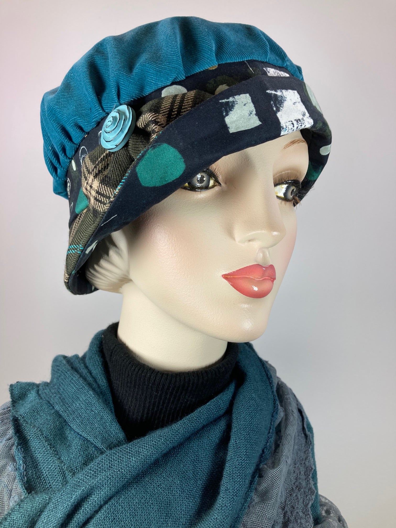 Downton Abbey Hat. Shabby chic hat. Teal black Cloche Hat. Winter bucket hat. Stylish Fabric Hat. Womens Travel Hat. Great Gatsby Hat.