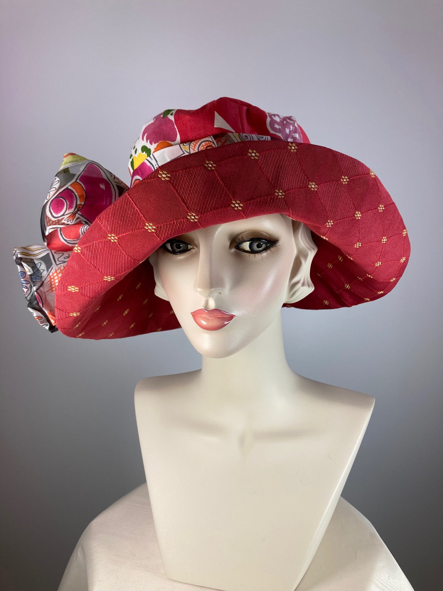 Colorful Polished Cotton Hat Wide Brim. Women's Summer hat. Botanical Recycled Fabric Hat. Womens Summer Sun Hat. One of a kind red hat