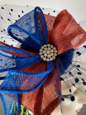 Fancy fascinator hat for women. Small cocktail Derby hat Blue, rust. Tea party headpiece fascinator. Small scale fascinator