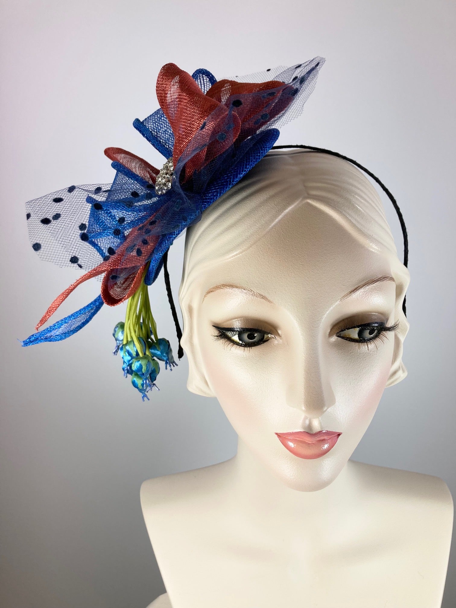 Fancy fascinator hat for women. Small cocktail Derby hat Blue, rust. Tea party headpiece fascinator. Small scale fascinator