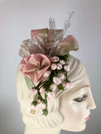 Fancy fascinator hat for women. Small cocktail hat. Soft pink and green Derby Oaks hat. Tea party headpiece. Small scale Headband fascinator