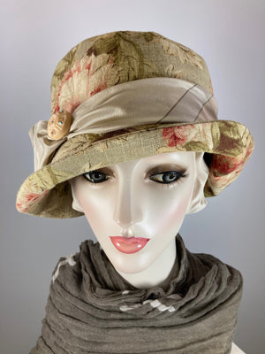 Neutral Floral Cotton Summer Cloche Hat, Small Brim Summer Hat for Women, Ladies Summer Travel Hat, Cool Summer hat, Shabby chic floral hat