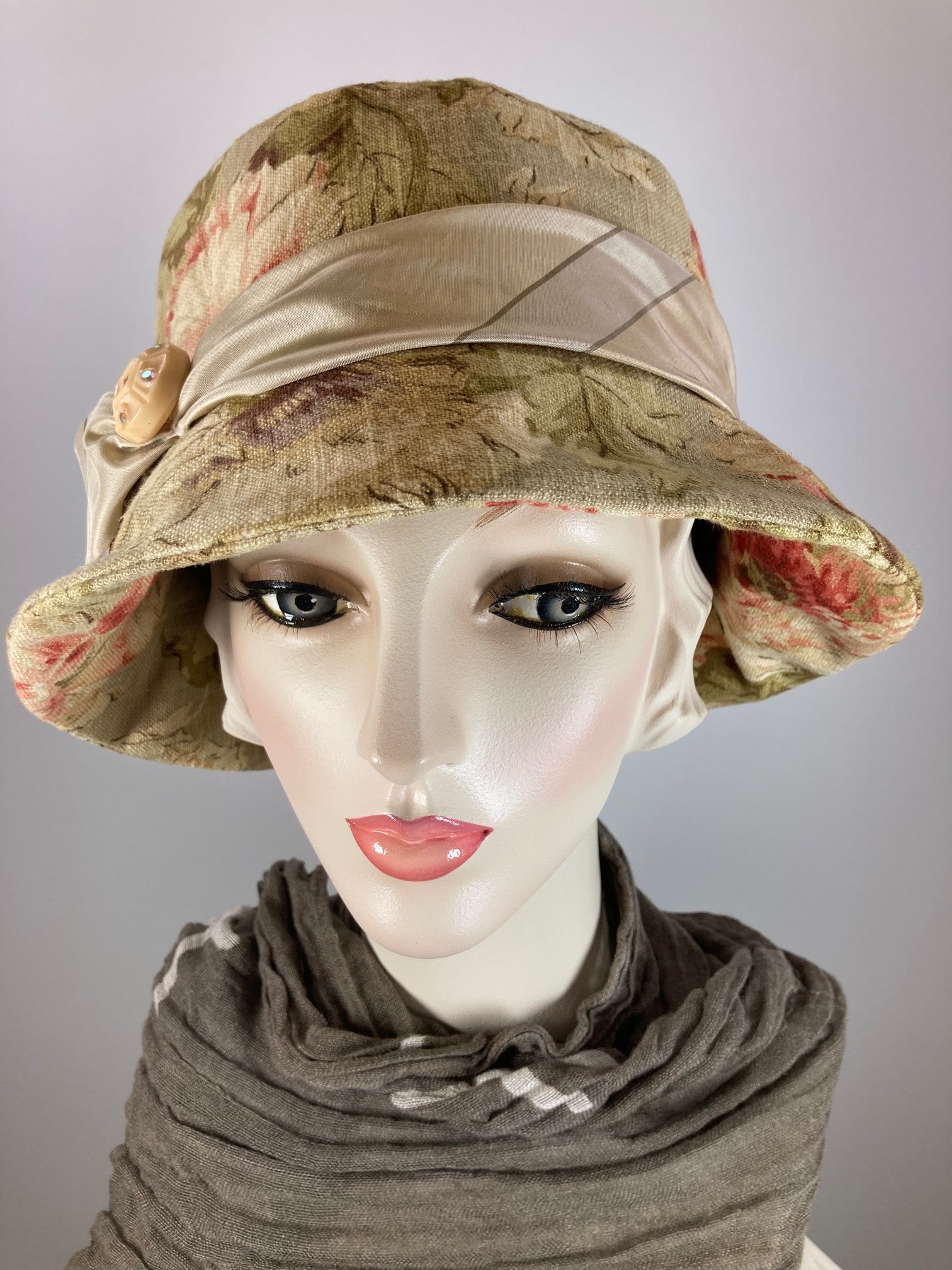 Neutral Floral Cotton Summer Cloche Hat, Small Brim Summer Hat for