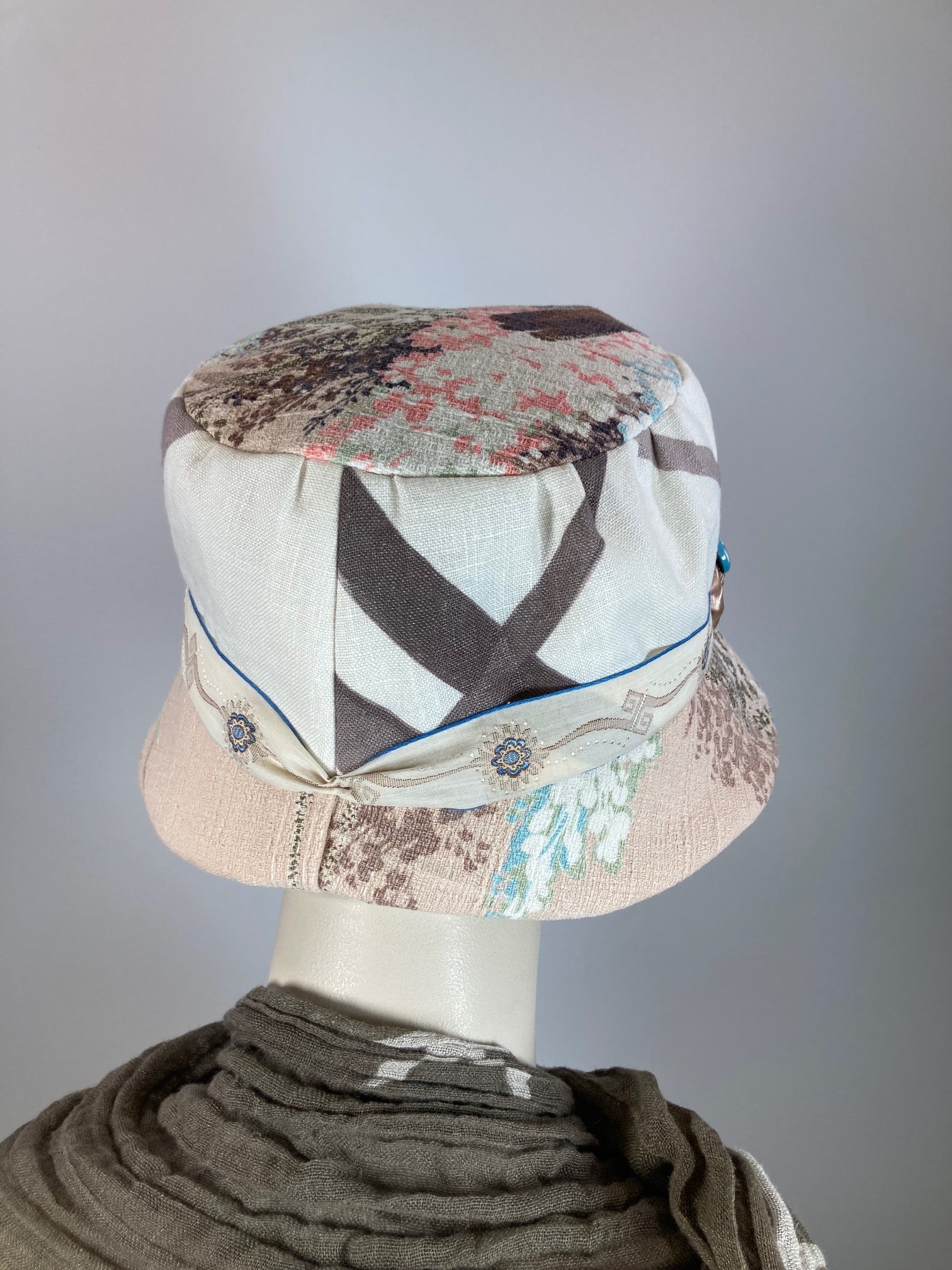 Neutral Floral vintage bark cloth, Summer Cloche Hat, Small Brim Summer Hat for Women, Ladies Cool Summer Travel Hat, Shabby chic floral hat
