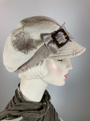 Stylish cotton fabric hat. Neutral Floral hat. Womens Newsboy Cap. Embroidered fabric hat. Summer slow fashion hat. Designer Baker Boy cap