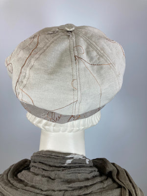 Stylish cotton fabric hat. Neutral Floral hat. Womens Newsboy Cap. Embroidered fabric hat. Summer slow fashion hat. Designer Baker Boy cap