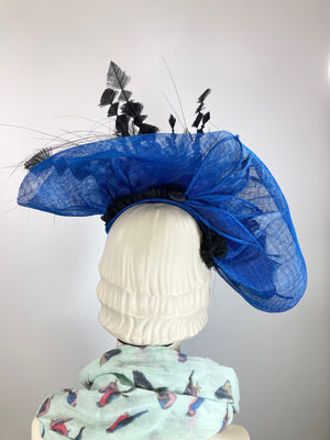 Fancy fascinator hat for women. Statement big blue hat. Blue, Black Derby hat. Tea party headpiece.  Large womens fascinator hat